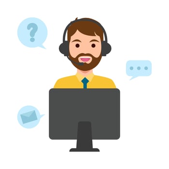 call center work in front computer with answer customer questions illustration vector