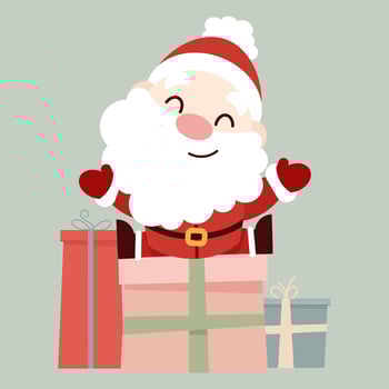 Cute flat character Santa Claus sitting on a lot of gifts vector