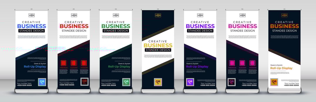 Roll up banner design template for business events, annual meetings, presentations, marketing, promotions, with red, blue, green, orange, pink, yellow and purple print ready colors vector