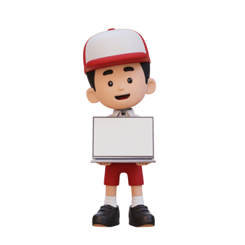 3D kid Character Holding and Presenting to a Laptop with Empty Screen png