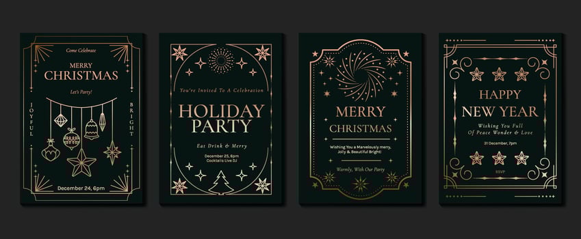 Luxury christmas invitation card art deco design vector. Christmas tree, bauble ball, sparkle, star line art on dark green background. Design illustration for cover, print, poster, wallpaper. vector