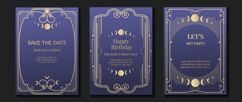 Luxury invitation card background vector. Elegant classic antique design, gold lines, moon on purple background gradient. Premium design illustration for gala card, grand opening, art deco. vector