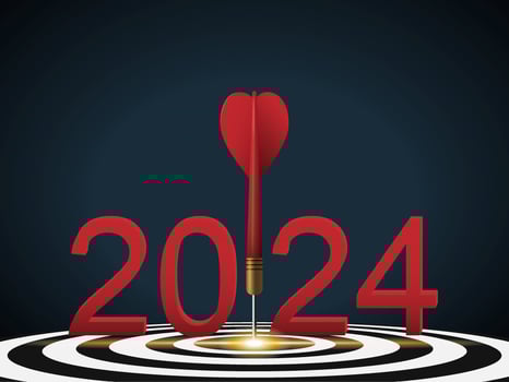 Red dart hit to center of dartboard between number. 2024 New Year with 3d target and goals. Arrow on bullseye in target for new year 2023. Business success, strategy, achievement, purpose concept vector