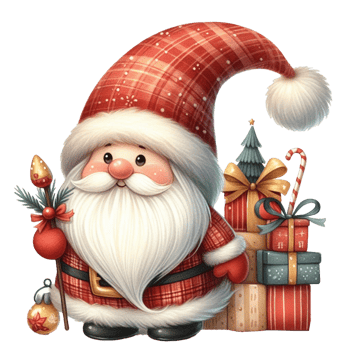 cute gnome santa claus cartoon hand draw cartoon style and christmas tree, santa holding gift box with candy cane watercolor clipart on png transparency