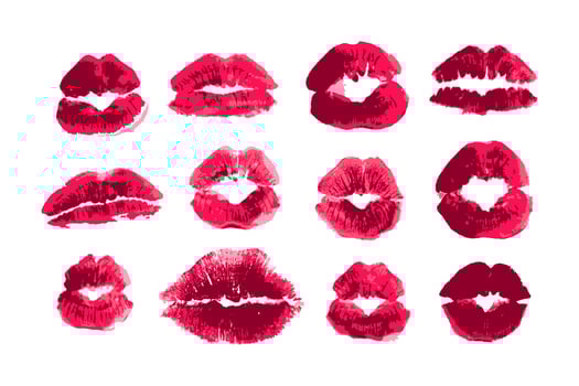 Female lips lipstick kiss print set. Woman lipstick red kiss marks, different shape prints. Vector Isolated on white
