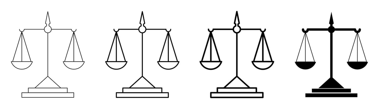 set of scales icons justice symbols law signs. line vector isolated on white background, design for app and web.