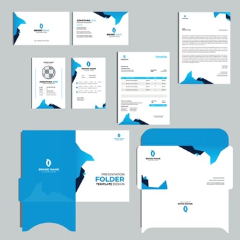 Brand Identity Mock-Up of stationery set with blue abstract geometric design. Business office stationary mockup template of File folder, annual report, business card vector