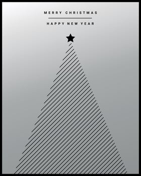 Christmas and New Year greeting card with Christmas tree geometric shaped. Minimal design in black and silver gradient colors. Vector illustration