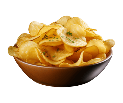 AI generated potato chips in a bowl isolated on a transparent background, PNG