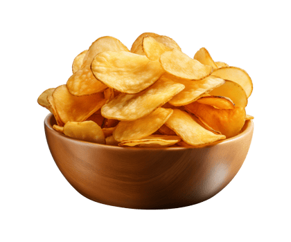 AI generated potato chips in a bowl isolated on a transparent background, PNG