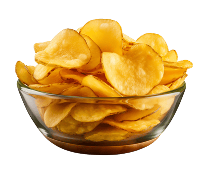 AI generated potato chips in a bowl isolated on a transparent background, PNG
