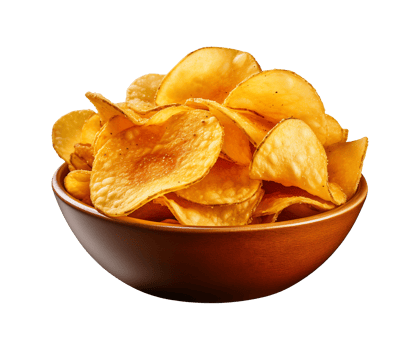 AI generated potato chips in a bowl isolated on a transparent background, PNG