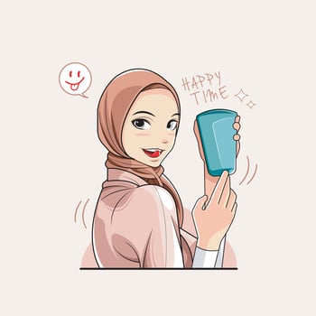 Happy time. Spoiled young lady in hijab showing me a cold drink. Vector illustration