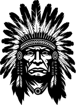 Indian Chief, Black and White Vector illustration