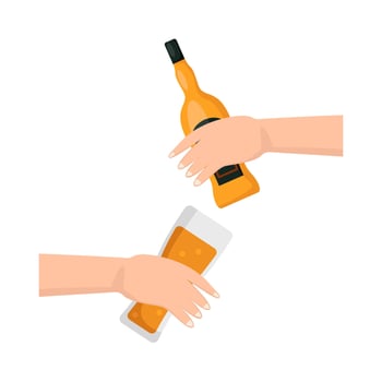 bottle alcohol with glass alcohol drink in hand illustration vector