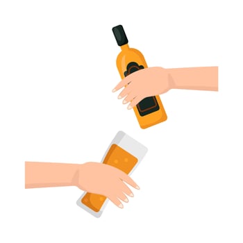 bottle alcohol with glass alcohol drink in hand illustration vector