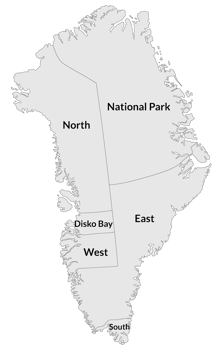 Greenland map. Map of Greenland divided into five regions. png