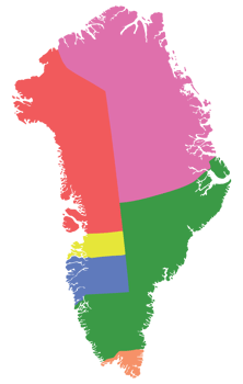 Greenland map. Map of Greenland divided into five regions. png
