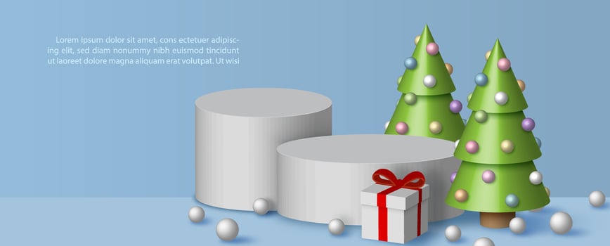 Poster advertising with product stage and decoration of Christmas celebration in 3d style on blue background. All in vector design.