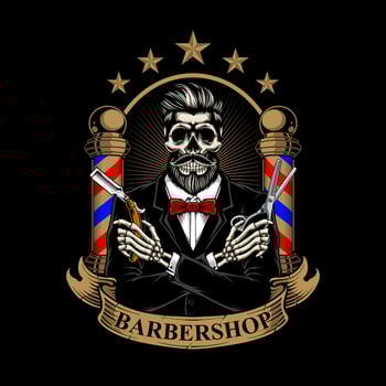 Vintage Barbershop Logo Gentleman Skeleton Tuxedo vector