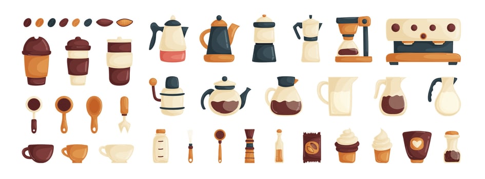 A set of items for a coffee shop and barista. Coffee machines, cups, paper cups, teapots with coffee, jugs with milk, cakes and chocolate, coffee and chocolate beans. Cartoon style. vector