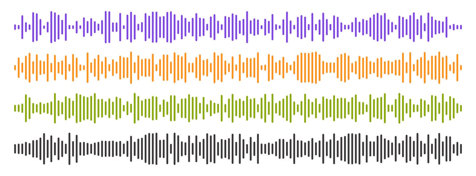 Set of four long sound waves of different intensities. Audio equalizer technology, pulse music. Audio player. illustration. vector
