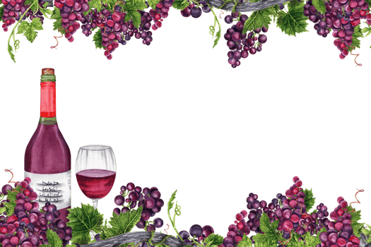 Postcard design with bunches of grapes with green leaves, vine branches and wine bottle and glass. Hand drawn watercolor illustration isolated on transparent background. Card, invitation, wine tasting png