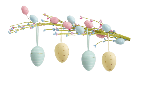 Decorative branch with Easter eggs isolated on transparent background. png