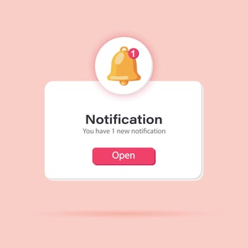 3d notification. Popup page with floating elements. Social media, business event planning, reminder with 3d bell. Web icon, button, vector
