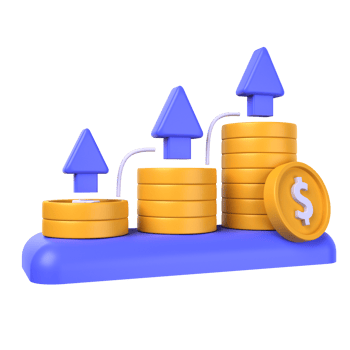 investment growt of 3d illustration. Investment 3D Concept. Tiered gold dollar coin and up arrow on blue board. 3d render png