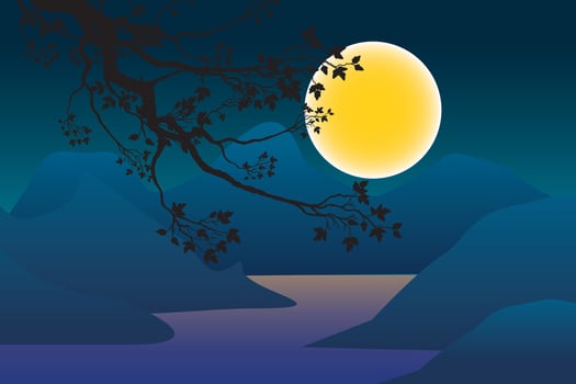 Abstract silhouette tree in night view of blue montain and full moon on blue sky with lake. vector