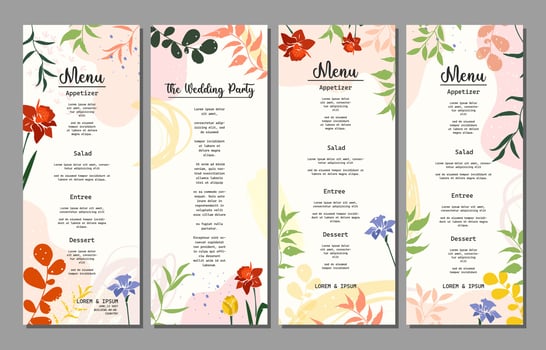 Wedding and restaurant menu with Floral art templates. Good for poster, invitation, birthday and Mothers Day cards, flyer, banner, brochure vector