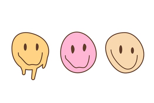 Set of crazy melting and dripping smile faces outline color icons. Drug trip psychedelic hippie culture inspired characters. Groovy emoji in vintage color palette. Positive facial expressions. Vector. vector
