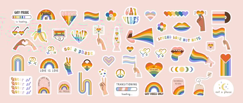 Big vector set of LGBTQ community symbols with pride flags, gender signs, retro groovy elements, rainbow colored stickers. Pride month celebration. Queer LGBT flat style icons and slogan collection.
