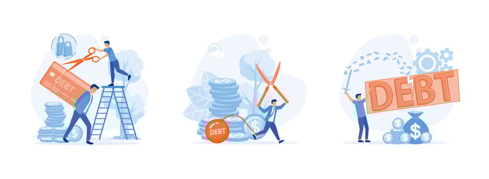 Credit Card Debt. Businessman use pliers to cut the chain and free himself from debt metal ball. Reduce, slice and get rid of debt. Cut debt set flat vector modern illustration