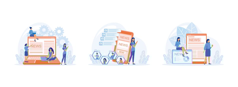 Online news. Mobile phone user sharing news online. People reading print newspaper. Online news set flat vector modern illustration