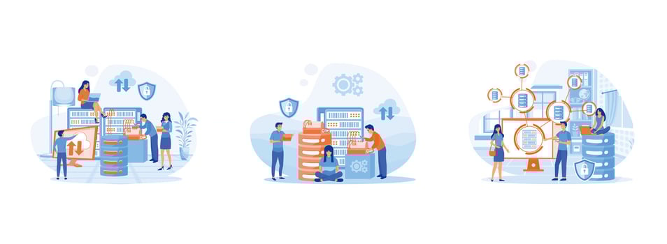System administrator. Computer systems and networks. Support of systems, networks and infrastructure at offices. System administrator set flat vector modern illustration