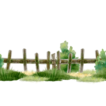 Rural landscape of a farm or village. Seamless border with old wooden fence, grass and bushes. For printing books, packaging, wallpaper, towels, banners, invitations, table runners, and website design png