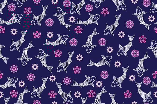 Illustration of white koi fish with flower on blue background vector