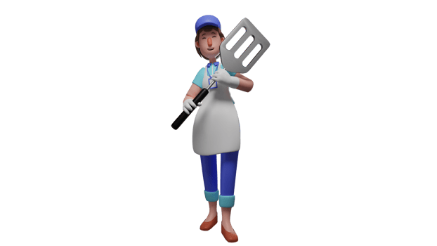 3D illustration. Restaurant Chef 3D cartoon character. Chef brings a giant spatula that he will use for big cooking. The beautiful young chef always spreads a happy smile. 3D cartoon character png