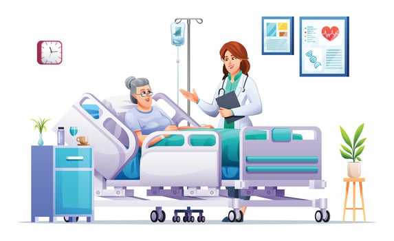 Doctor visits a senior woman lying on hospital bed. Patient hospitalization concept. Vector cartoon illustration