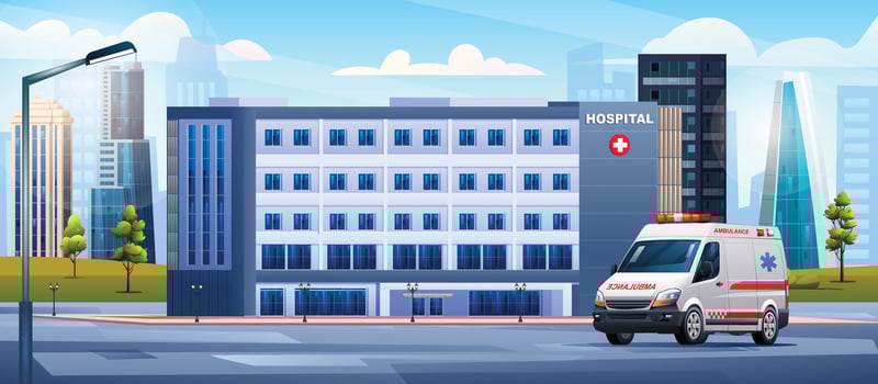 Public hospital building with ambulance emergency car. Medical clinic with city background landscape illustration vector