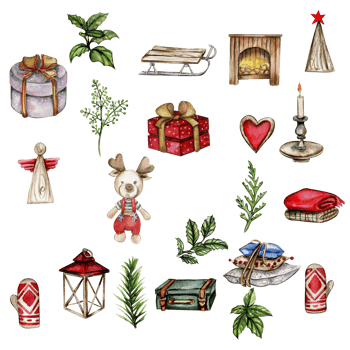 Set of elements for Christmas. Plants, gifts,baby deer,lamp . png