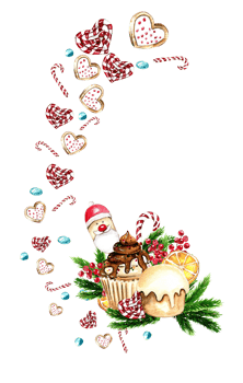 Composition for Christmas. Gifts, cupcake, cake, cookies, fir branches. Composition for Christmas. png