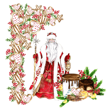 Composition for Christmas Santa in a red coat and cookies. png