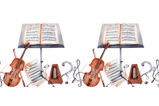 Endless banner with Violin, Music Stand, Sheet Music, Baton, Metronome, Treble and Bass Clef and Music Notes. Classical music composition. Watercolor illustration isolated on transparent background. png