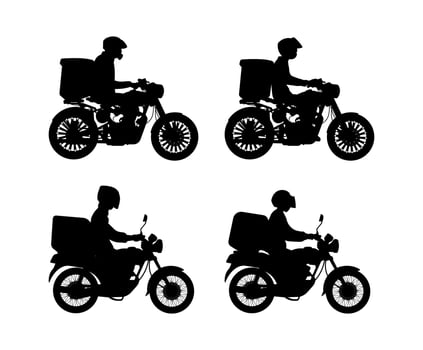 Collection of silhouette illustrations of male motorcycle pizza delivery men, couriers and postmen vector