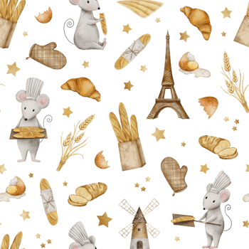 Seamless pattern with mouse chef, eggs, flour sack, croissant, Crispy French baguettes in craft bag with bunch of spikelets of wheat, rye, grains and sliced fresh bread, Eiffel tower, Windmill tower png