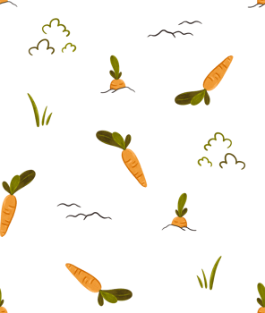 Cute farm carrot seamless pattern. Fresh vegetable for fabric, design, card, print or background. Cartoon doodle illustration for kids with textured effect. Hand drawn png