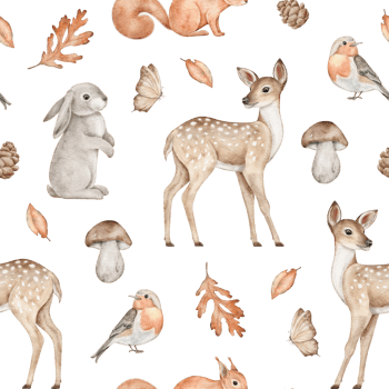 Seamless pattern with deer, rabbit, squirrel, bird, butterfly, pine cone, leaves, boletus and acorn. Woodland animals. Autumn forest background. Hand drawn watercolor fall illustration for wallpaper png